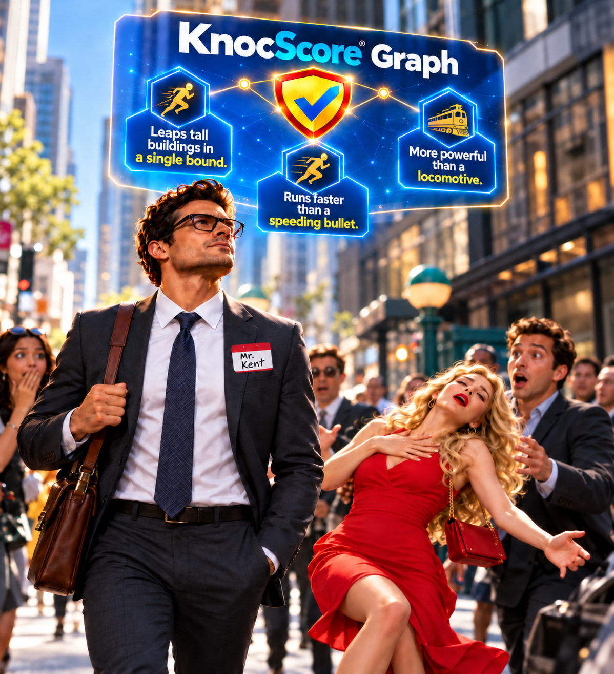 KnocScore Graph display floating above a professional striding down a busy city street, with badges reading: Leaps tall buildings in a single bound. Runs faster than a speeding bullet. More powerful than a locomotive.